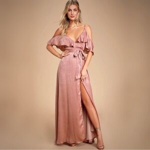 Moriah Satin Wrap Maxi Dress in Rose Bridesmaid, Wedding Guest Gown Size L